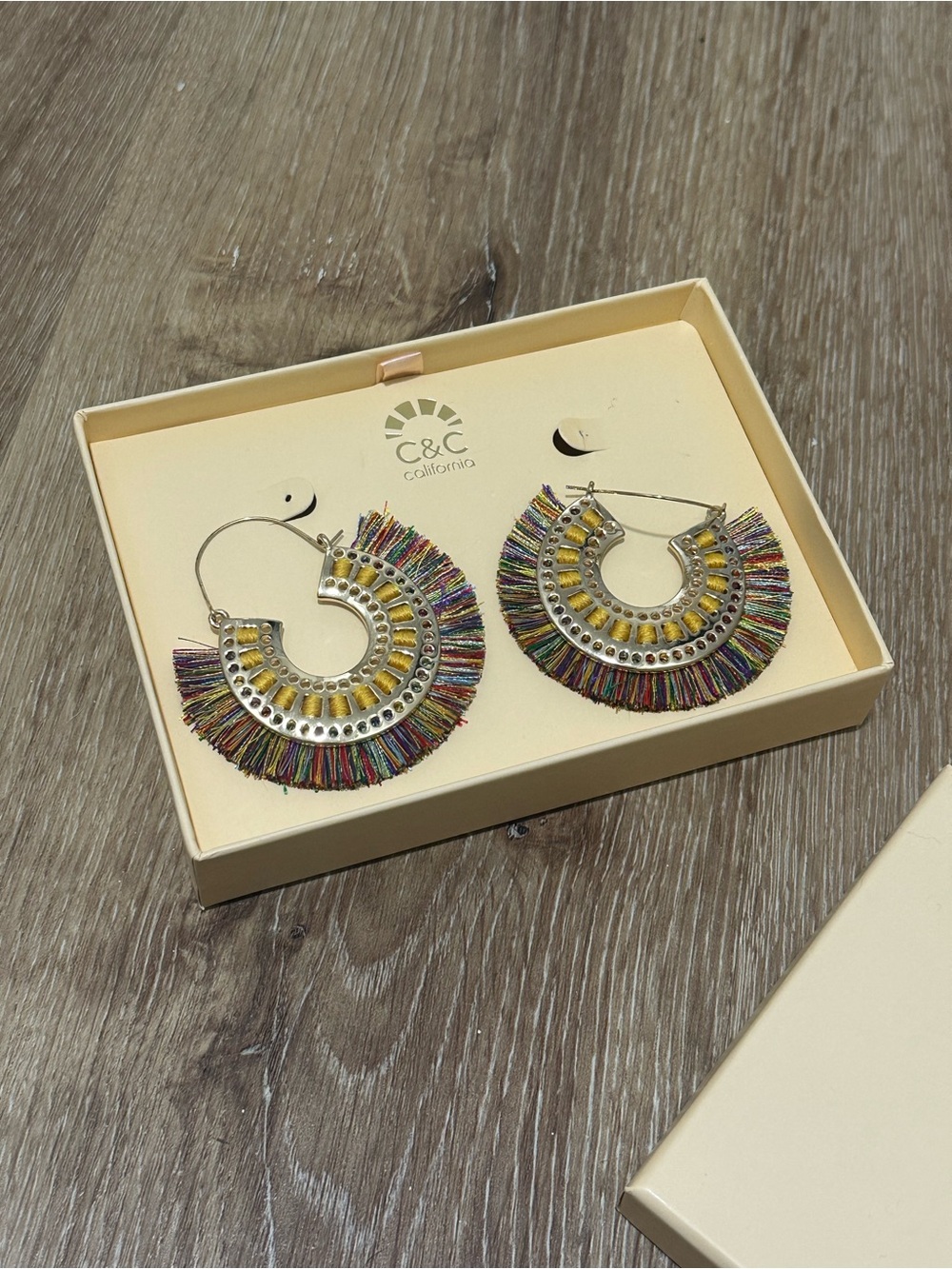 C&C California Silver Hoop Earrings with Multicolor Fringe
